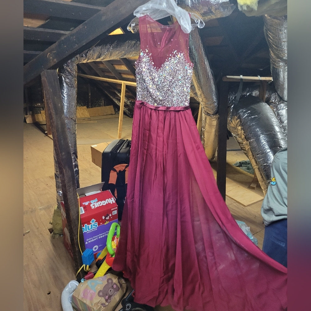 Red wine, sheer bejeweled top